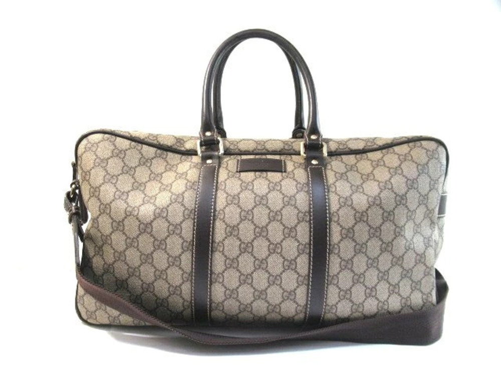 Gucci Boston Bag Canvas Calfskin Travel Beige Cream Brown